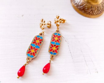 Byzantine pendant earrings, luxury historical replica of medieval earrings, byzantine earrings imitate the workmanship cloisonné enamel