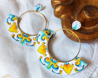 Mexican folk art Talavera flat hoop earrings, Talavera tile replicas Mexican big crescent earrings, ethnic stud dangle hoop earrings