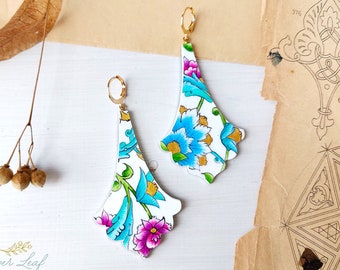 Oriental Art inspired flower statement earrings, painted paper oriental earrings with arabesque patterns, art inspired lightweight earrings