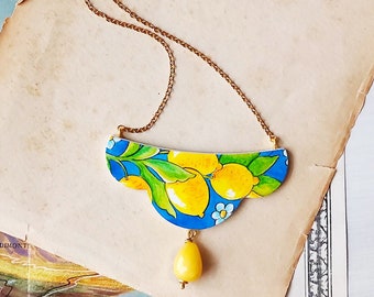 Sicily lemon adjustable necklace, Mediterranean tile jewelry, adjustable paper painted necklace, Sicily summer travel memory jewelry