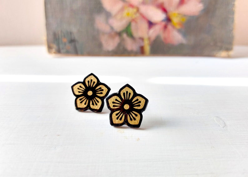 Tiny Sakura blossom stud earrings, Japanese jewelry, Sakura Cherry Blossom paper earrings, luxury posts black and gilding foil image 1