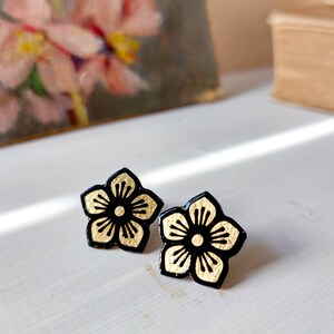 Tiny Sakura blossom stud earrings, Japanese jewelry, Sakura Cherry Blossom paper earrings, luxury posts black and gilding foil image 2