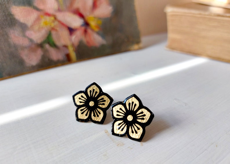 Tiny Sakura blossom stud earrings, Japanese jewelry, Sakura Cherry Blossom paper earrings, luxury posts black and gilding foil image 2