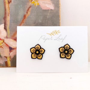 Tiny Sakura blossom stud earrings, Japanese jewelry, Sakura Cherry Blossom paper earrings, luxury posts black and gilding foil image 4
