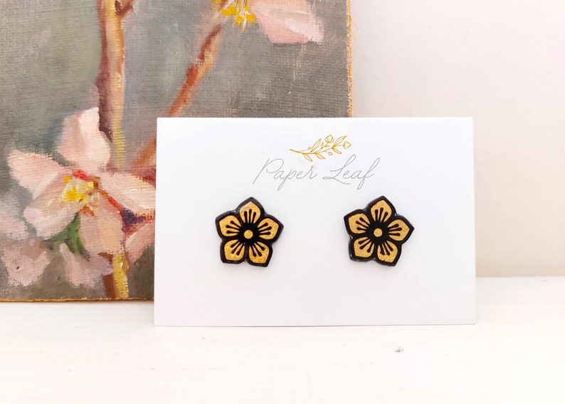 Tiny Sakura blossom stud earrings, Japanese jewelry, Sakura Cherry Blossom paper earrings, luxury posts black and gilding foil image 4