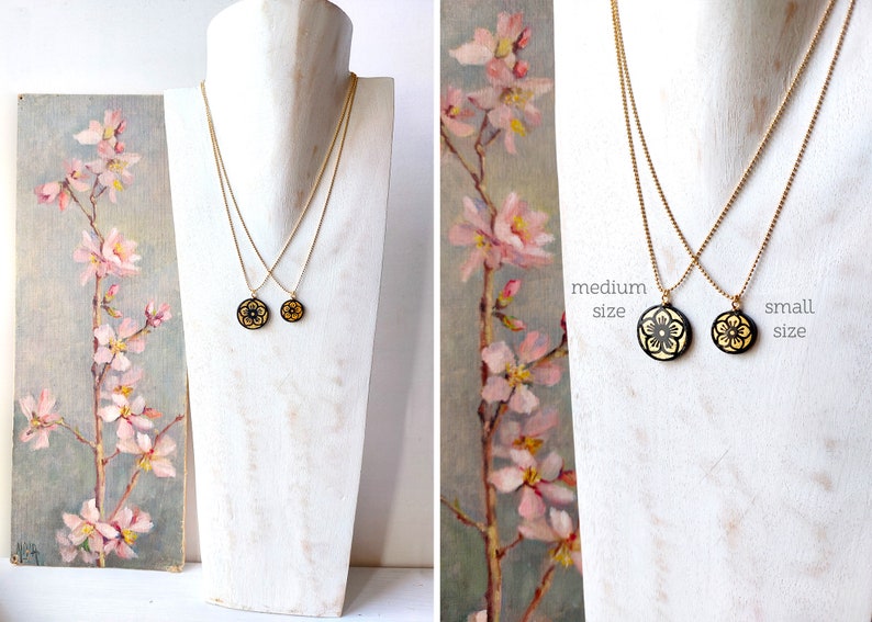 Sakura cherry blossom necklace, japanese Flower necklace, black and gold paper pendant, matching jewels Japanese design image 6