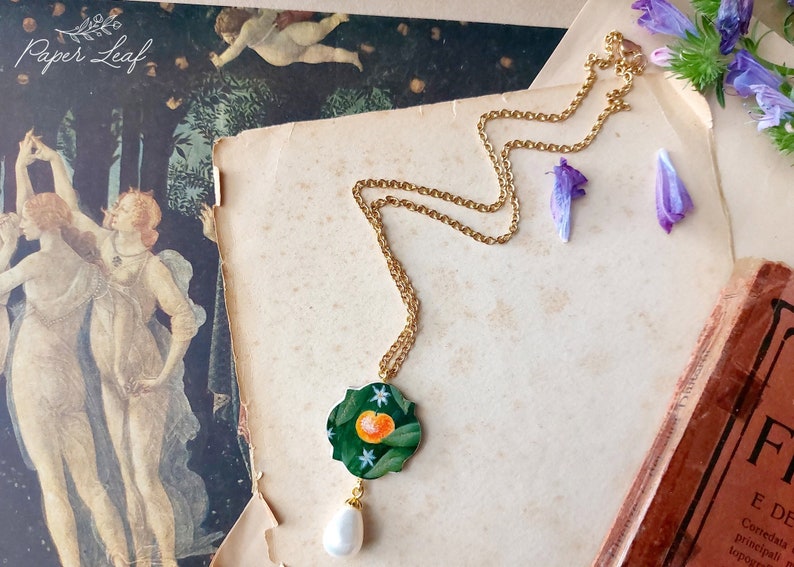 Paper pendant Botticelli's Spring inspired, Renaissance painting drop pendant with orange fruits and flowers, mastepiece art history replica image 4