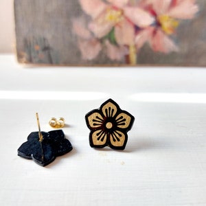 Tiny Sakura blossom stud earrings, Japanese jewelry, Sakura Cherry Blossom paper earrings, luxury posts black and gilding foil image 3