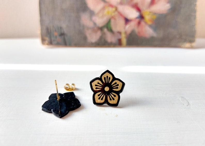 Tiny Sakura blossom stud earrings, Japanese jewelry, Sakura Cherry Blossom paper earrings, luxury posts black and gilding foil image 3