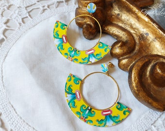 Mexican folk art Talavera flat hoop earrings, Talavera tile replicas Mexican big crescent earrings, ethnic stud dangle hoop earrings