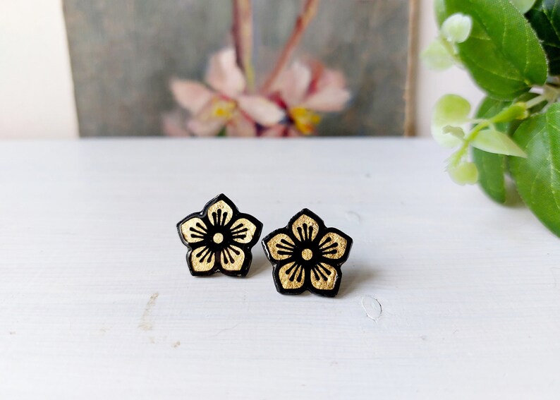 Tiny Sakura blossom stud earrings, Japanese jewelry, Sakura Cherry Blossom paper earrings, luxury posts black and gilding foil image 5