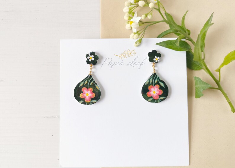 Luxury drops Renaissance earrings, painted miniature earrings inspired by Botticellis painting, Medieval Art History replica stud earrings image 5