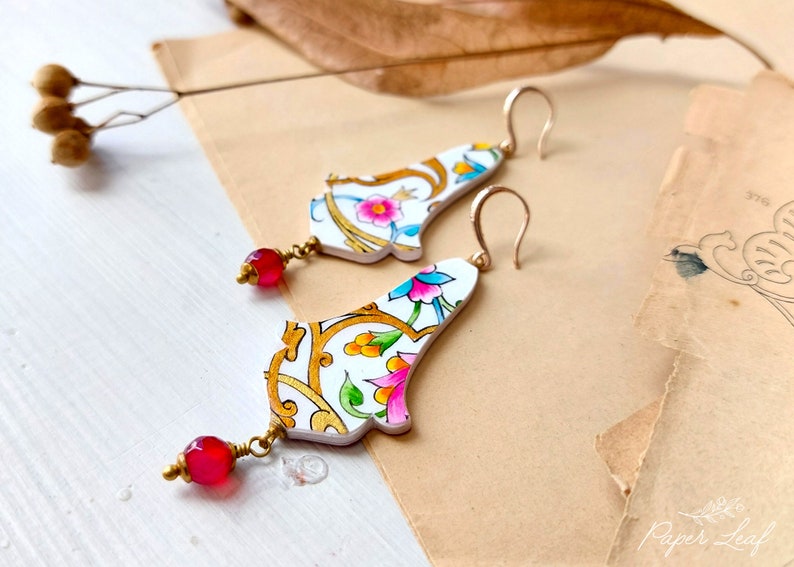 Oriental Art handmade earrings, painted paper oriental earrings, Persian arabesque patterns art inspired lightweight earrings image 2