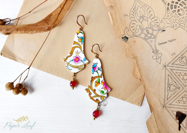 Oriental Art handmade earrings, painted paper oriental earrings, Persian arabesque patterns art inspired lightweight earrings image 1