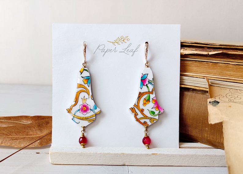 Oriental Art handmade earrings, painted paper oriental earrings, Persian arabesque patterns art inspired lightweight earrings image 4