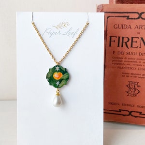 Paper pendant Botticelli's Spring inspired, Renaissance painting drop pendant with orange fruits and flowers, mastepiece art history replica image 6