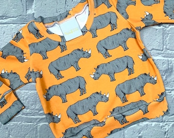 READY  to SHIP rhinos organic baby top, kids top, toddler top, t shirt, rhino jumper