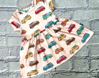 READY to ship! Camper vans dress, toddler dress, 3-6m to 10 years, kids dress, organic baby clothes, organic dress, campervans ,kids clothes