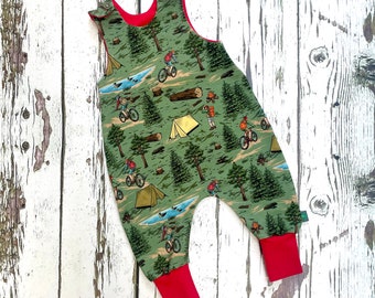 NEW! Camping adventures baby romper, baby romper, baby dungarees, organic baby clothes, baby gift, baby shower, camping, bikes