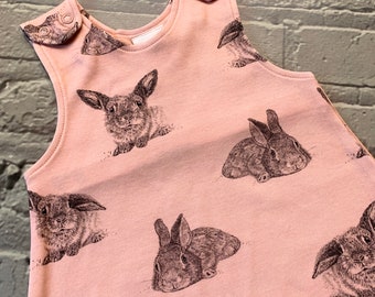 READY to SHIP! Ready to ship organic pink bunnies romper, baby clothes, girls romper, dungarees