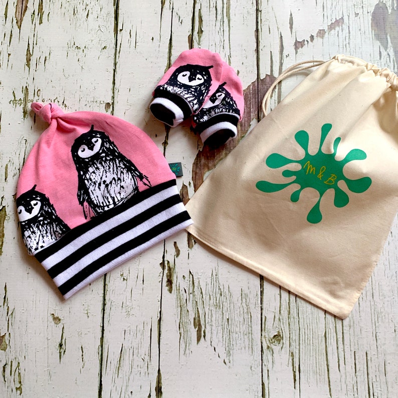 organic knotted hat baby gift baby hat newborn READY to SHIP Penguins hat /& mitts gift set penguins Baby clothes scratch mitts