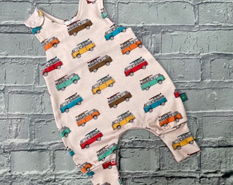 READY to SHIP! organic campervan romper, baby clothes, girls romper, dungarees