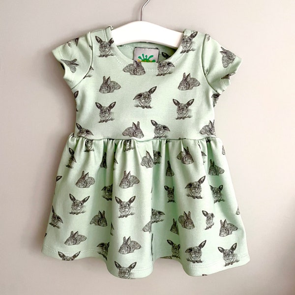 NEW!  Mint bunny dress, toddler dress, 3m to 6 years, kids dress, organic baby clothes, organic dress, bunnies, organic kids clothes