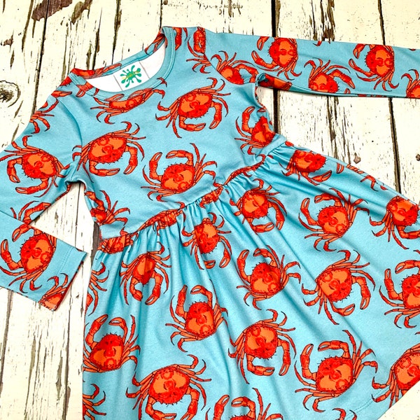 READY to SHIP!  Organic crabs dress, baby dress, girls dress, organic dress, crabs, Martha and Hepsie, newborn to 10 years