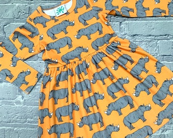 READY to SHIP !  Organic rhinos dress, baby dress, girls dress, organic dress, rhinos, Martha & Hepsie, newborn to 7 years
