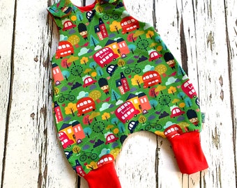 London bus organic romper, stretchy dungarees, romper, kids romper, baby romper, dungarees, baby clothes