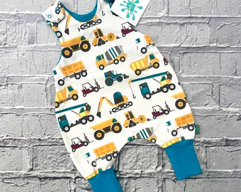 NEW! Construction baby romper, baby dungarees, diggers, toddler romper, toddler dungarees, baby clothes, organic clothes, cement truck