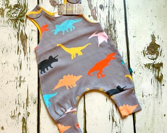 READY to SHIP organic dinosaur romper, baby clothes, girls romper, dungarees