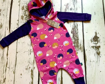 Ready to ship organic hedgehogs harem hooded romper, hedgehog romper, hedgehog bodysuit