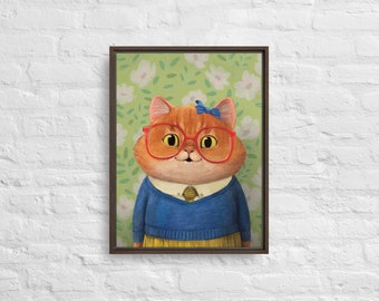 Nerdy Girl Cat (Framed Print on Canvas)