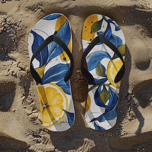 Lemon Print Flip Flops for Summer Vibes, Beach Sandals, Poolside Footwear, Gifts for Her, Vacation Essentials