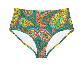 Teal Paisley Seamless Patterns-Waist Hipster Bikini Bottom
