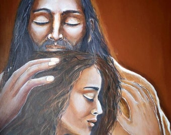 Könnte beinhalten: Ein Gemälde, das einen Mann und eine Frau zeigt, die sich umarmen. Der Mann hat die Augen geschlossen und hält den Kopf der Frau in seiner Hand. Die Frau hat die Augen geschlossen und blickt nach unten. Das Gemälde ist in einem realistischen Stil gehalten und hat eine warme Farbpalette.
