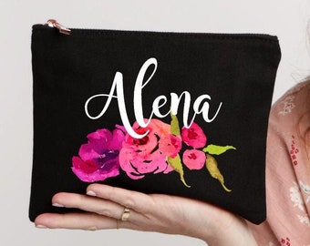 Floral Makeup Bag, Best Friend Gift, Gift for Her, Cosmetic Bag, Makeup Case, Personalized Gift, Custom Makeup Bag, Toiletry Bag, Rose Gold