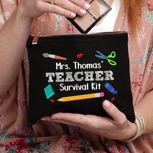 Teacher Survival Kit, Gift for Teacher, End of Year Teacher Gift, Black Bag, Pencil Pouch, Personalized Makeup Bag, School Gift