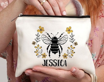 Cadeau de Noël pour elle, Sac de maquillage personnalisé, Cadeau de Noël, Sac de maquillage d’abeille au miel, Sac Save the Bees, Cadeau d’apiculteur, Reine des abeilles, Sac d’abeilles