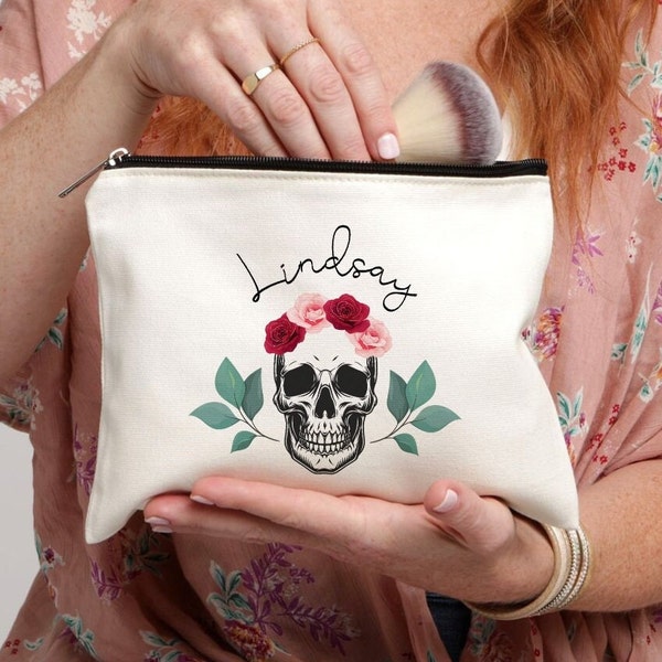 Skull Bag, Skull Pouch, Gift for a Friend, Floral Bag, Alternative Bag, Halloween Bag, Gothic Bag, Makeup Bag, Gothic Bride, Bridesmaid