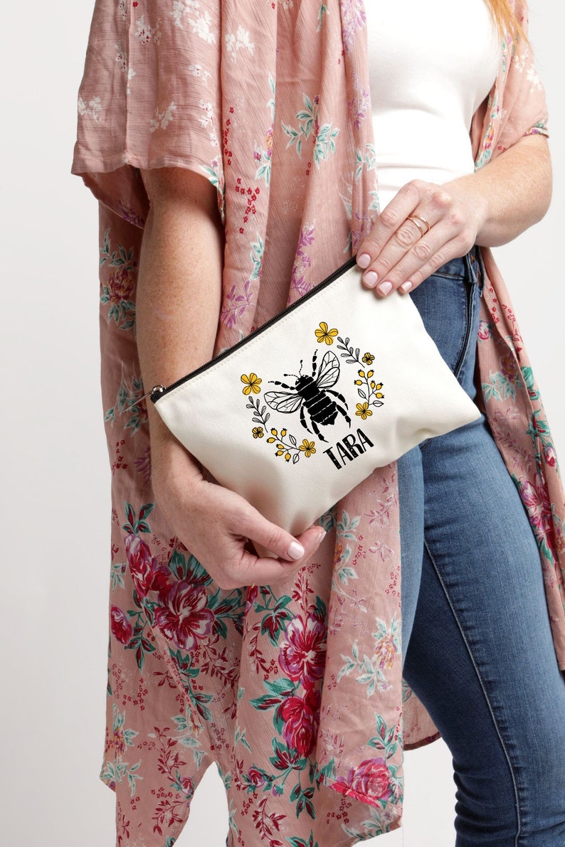 Personalized Makeup Bag, Bee Makeup Bag, Honey Bee Makeup Bag, Bridal Shower Gift, Save the Bees Bag, Beekeeper Gift, Queen Bee, Bee Bag image 4