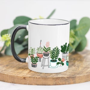 Cute Plant Mug, Plant Mom Mug, Plant Dad Mug, Nature Mug, Garden Mug, Plant Collector, Home Decor Mug, Gift for Planter, Plant Coffee Mug 11oz -- BLACK TRIM