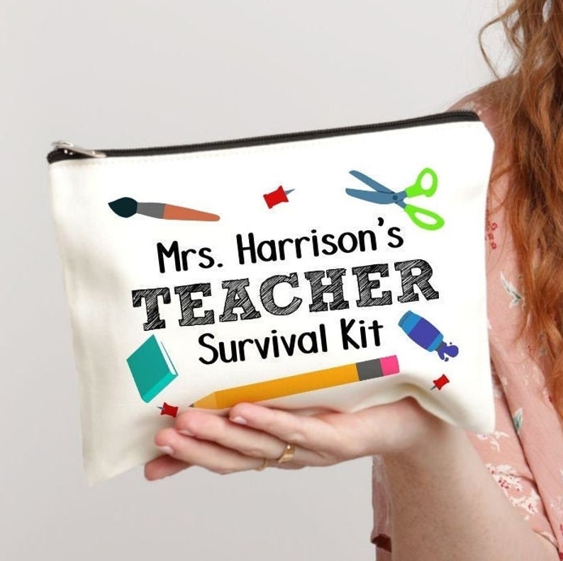 Teacher Survival Kit, Gift for Teacher, End of Year Teacher Gift, Teacher Appreciation, Pencil Pouch, Personalized Makeup Bag, School Gift image 1