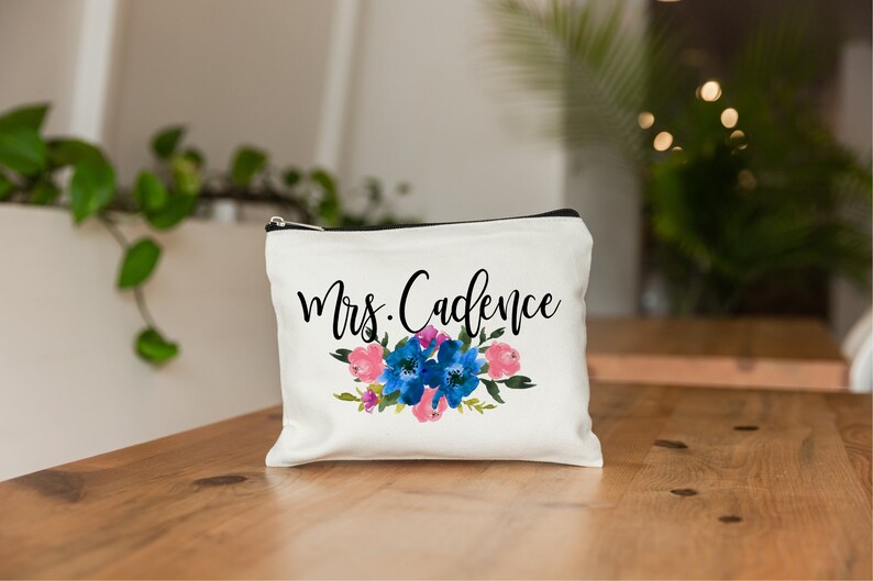 Bride Makeup Bag, Bridal Gift, Personalized Wedding Gift, Bridal Shower Gift, Bride Gift, Makeup Bag, Wedding Gift, Blue & Pink Wedding, Bag image 2