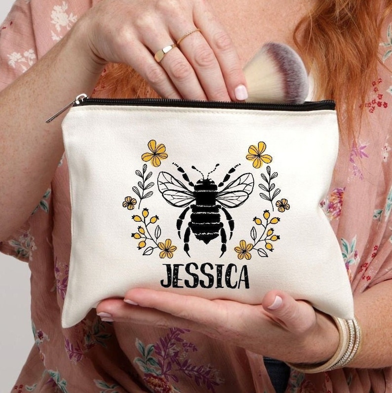 Personalized Makeup Bag, Bee Makeup Bag, Honey Bee Makeup Bag, Bridal Shower Gift, Save the Bees Bag, Beekeeper Gift, Queen Bee, Bee Bag image 1