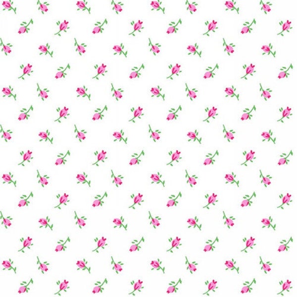 Pink Rosebud Flannel Fabric By The Yard or Half Yards 100% Cotton Vintage Inspired Roses white flowers floral tiny buds dot A.E. Nathan