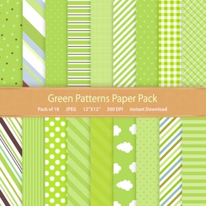 May include: A pack of 18 digital paper patterns in green and white. The patterns include stripes, polka dots, gingham, and clouds. The papers are 12 inches by 12 inches and 300 DPI. Green Patterns Paper Pack. Pack of 18. JPEG. 12"X12". 300 DPI. Instant Download.
