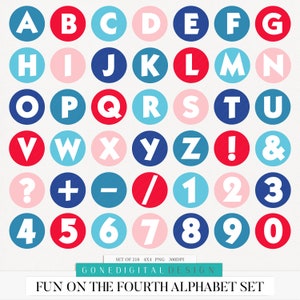 Puede incluir: Un conjunto de gr&aacute;ficos circulares rojos, blancos y azules de 4x4 pulgadas que presentan el alfabeto, los n&uacute;meros, los signos de puntuaci&oacute;n y la ampersand. Los gr&aacute;ficos est&aacute;n dise&ntilde;ados para su uso en un proyecto con el tema "Fun on the Fourth".