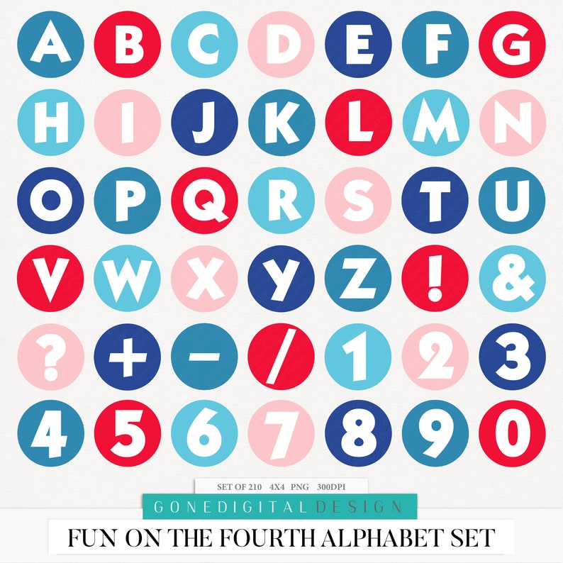 Puede incluir: Un conjunto de gr&aacute;ficos circulares rojos, blancos y azules de 4x4 pulgadas que presentan el alfabeto, los n&uacute;meros, los signos de puntuaci&oacute;n y la ampersand. Los gr&aacute;ficos est&aacute;n dise&ntilde;ados para su uso en un proyecto con el tema "Fun on the Fourth".